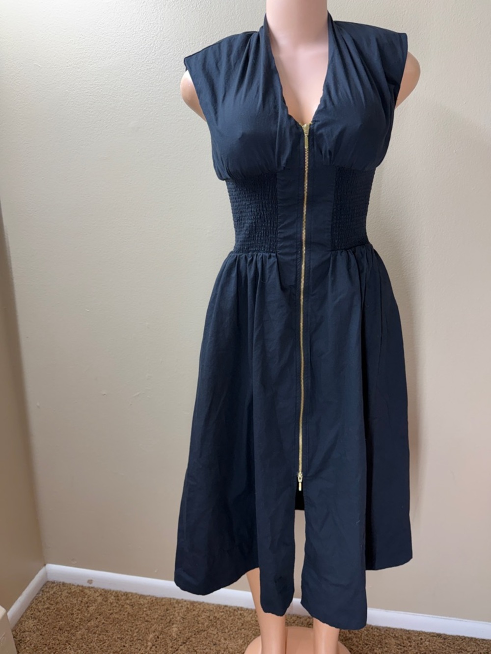 Anthropologie Navy Blue Midi Dress with Gold Zipper